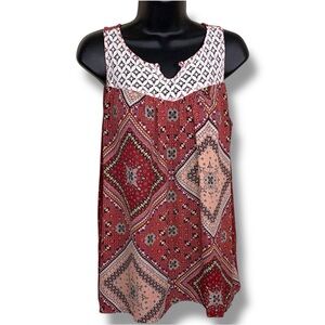 Large Lavender Sky Boho Sleeveless Top Brick Red Ivory Lace Embroidery